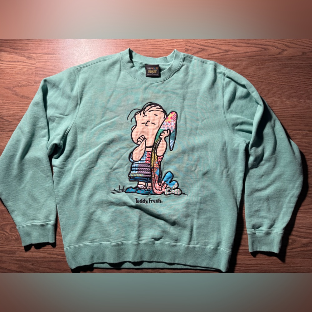 Teddy Fresh Teal X Peanuts Crewneck Sweater with Cartoon Graphic